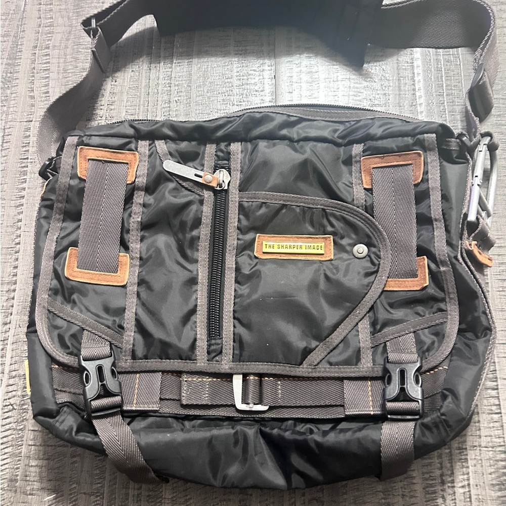 Vintage Sharper Image Black and Brown Messenger Bag with Adjustable Strap